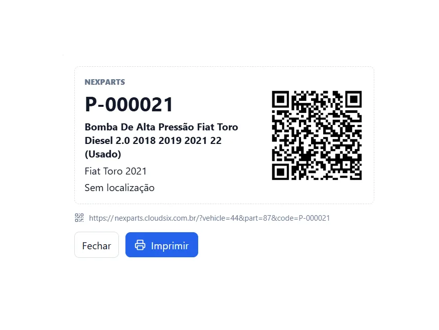Etiqueta com QR Code do CloudSix NexParts