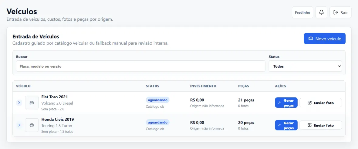 Tela de veículos do CloudSix NexParts